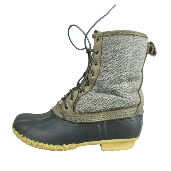 LL Bean Herringbone Gray Canvas Shearling Lined Mid Calf Duck Boots Size 10 M - Picture 1 of 11